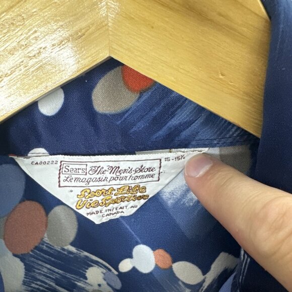 Vintage 70s Sears Sports Life Disco Hipster Men M 15.5 Polyester Shirt Blue - Picture 3 of 6